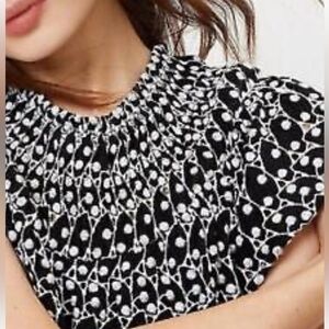 LOFT SMOCKED YOKE FLUTTER SLEEVES BLACK & WHITE EYELET EMBROIDERED DRESS SZ MP